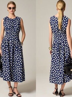J. Crew Navy and White Polka Dot Midi Dress
